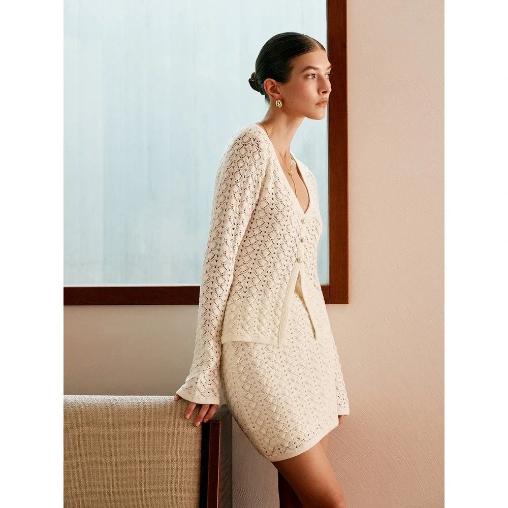 Commense Cotton Blends Hollow Skirt Set Womens Bohemian Outfit Off-White‎  XS
